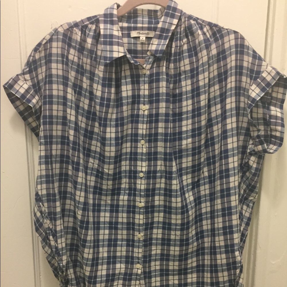 Short Sleeved Plaid Cross Back Button Down